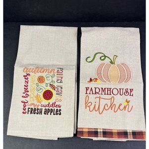 NEW 2 Embroidered Kitchen Towel Fall Autumn Decor Pumpkin Apples Flowers Beige